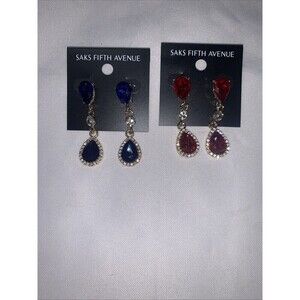 Bundle Of 2 Pairs- Saks Fifth Avenue Sparkly Dangle Statement Earrings Blue/ Red